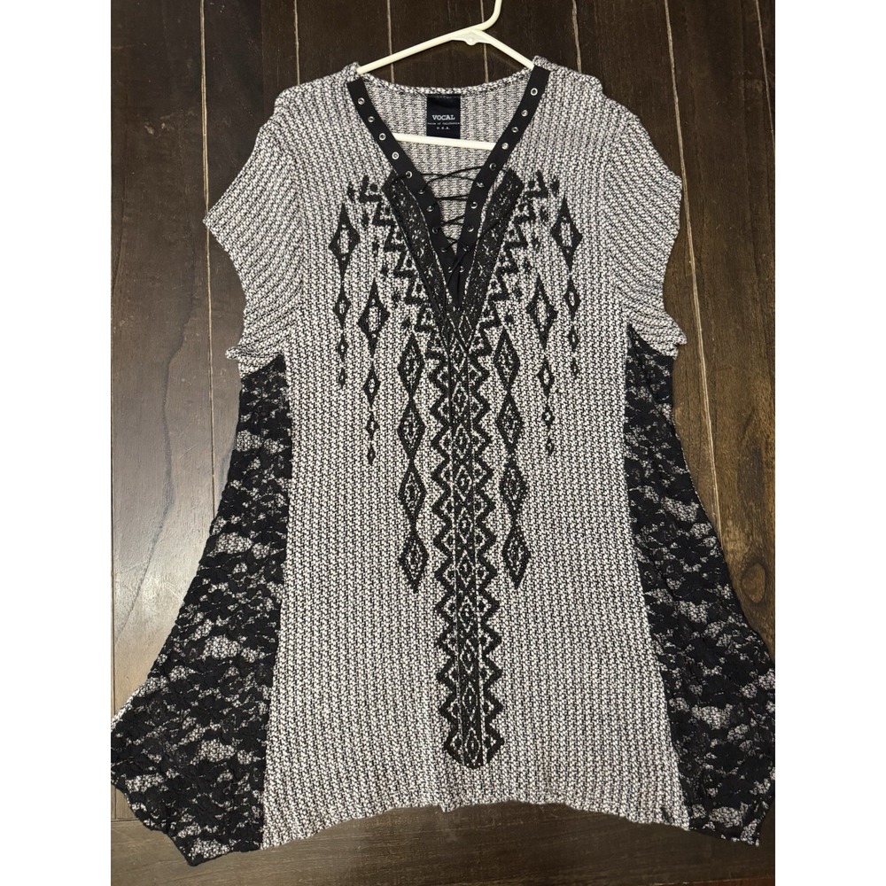 Vocal 3XL Tunic Top Lace Up Rhinestone Black White Lace Y2K Western Boho USA